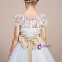 White Tulle Lace Cap Sleeve Flower Girl Dress With Bow