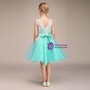 Light Blue Tulle White Lace Knee Length Flower Girl Dress