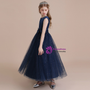Navy Blue Tulle Sequins Scoop Ankle Length Flower Girl Dress