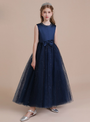 Navy Blue Tulle Sequins Scoop Ankle Length Flower Girl Dress