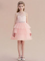 Pink Tulle Lace Appliques Crystal Belt Short Flower Girl Dress