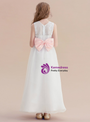 White Tulle Lace Sleeveless Flower Girl Dress With Pink Bow