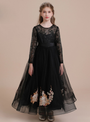 Black Tulle Long Sleeve Appliques Sequins Flower Girl Dress