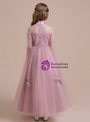 Pink Tulle Appliques Embroidery High Neck Long Sleeve Flower Girl Dress