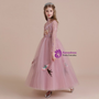 Pink Tulle Appliques Embroidery High Neck Long Sleeve Flower Girl Dress