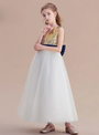 White Tulle Gold Sequins Backless Flower Girl Dress With Big Bow