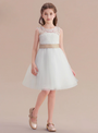 White Tulle Appliques Backless Bow Flower Girl Dress 