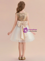Gold Sequins White Tulle Knee Length Flower Girl Dress With Bow
