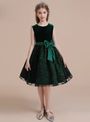 Green Velvet Black Lace Sleeveless Flower Girl Dress With Bow