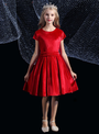 Burgundy Velvet Cap Sleeve Pleats Knee Length Flower Girl Dress