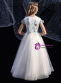 White Tulle Scoop Cap Sleeve Blue Appliques Flower Girl Dress