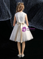 White Tulle Sequins Knee Length Flower Girl Dress With Chmapagne belt