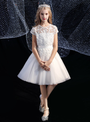 White Tulle Lace Cap Sleeve Knee Length Flower Girl Dress