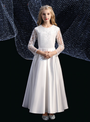 Beautiful White Satin Lace Long Sleeve Flower Girl Dress