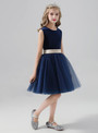 Navy Blue Scoop Tulle Knee Length Flower Girl Dress