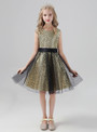 Gold Sequins Black Tulle Knee Length Flower Girl Dress With Bow
