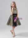 Gold Sequins Black Tulle Knee Length Flower Girl Dress With Bow