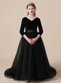 Black 3/4 Sleeve Tulle Velvet V-neck Flower Girl Dress
