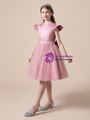 Pink Tulle Satin Knee Length Flower Girl Dress With Bow