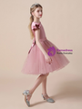 Pink Tulle Satin Knee Length Flower Girl Dress With Bow