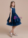 Navy Blue Tulle Satin Beading Knee Length Flower Girl Dress