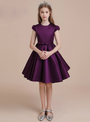 Dark Purple Satin Cap Sleeve Short Flower Girl Dress With Bow