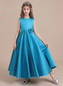 Cute Blue Satin Sleeveless Long Flower Girl Dress With Flower 