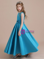Cute Blue Satin Sleeveless Long Flower Girl Dress With Flower 