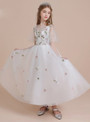 White Tulle Embroidery Short Sleeve Flower Girl Dress