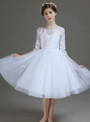 White Tulle Lace Appliques Knee Length Short Sleeve Flower Girl Dress