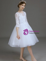 White Tulle Lace Appliques Knee Length Short Sleeve Flower Girl Dress