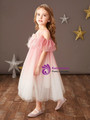 A-Line Pink Tulle Feather Tea Length Flower Girl Dress