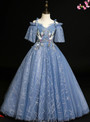 Blue Tulle Sequins Embrodiery Appliques Short Sleeve Flower Girl Dress