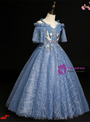 Blue Tulle Sequins Embrodiery Appliques Short Sleeve Flower Girl Dress