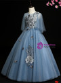 Blue Tulle 3D Appliques Star Sequins Flower Girl Dress