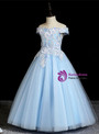 Fantastic Blue Appliques Tulle Off the Shoulder Flower Girl Dress