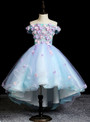 Blue Hi Lo Appliques Off the Shoulder Short Flower Girl Dress