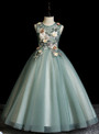 Green Embroidery Appliques Tulle Sleeveless Flower Girl Dress