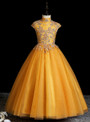 Gold Tulle High Neck Cap Sleeve Appliques Flower Girl Dress