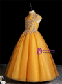 Gold Tulle High Neck Cap Sleeve Appliques Flower Girl Dress