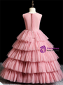 Pink Tulle Tiers 3D Appliques Long Flower Girl Dress