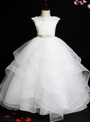 White Tulle Cap Sleeve Open Back Appliques Flower Girl Dress