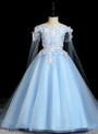 Latest Blue Tulle Off the Shoulder Appliques Flower Girl Dress