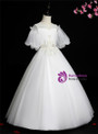 White Ball Gown Tulle Puff Sleeve Sequins Appliques Flower Girl Dress