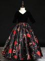 Black Embrodiery Satin Velvet Short Sleeve Flower Girl Dress