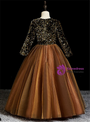 Brown Tulle Sequins V-neck Long Sleeve Flower Girl Dress