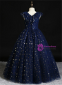 Fancy Navy Blue Tulle Star Sequins V-neck Flower Girl Dress