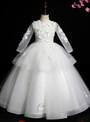 White Tulle High Neck 3D Appliques Flower Girl Dress