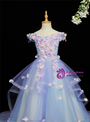 Blue Tulle Hi Lo Off the Shoulder Appliques Flower Girl Dress With Train