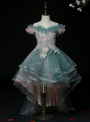 Dark Green Tulle Hi Lo Appliques Pearls Flower Girl Dress